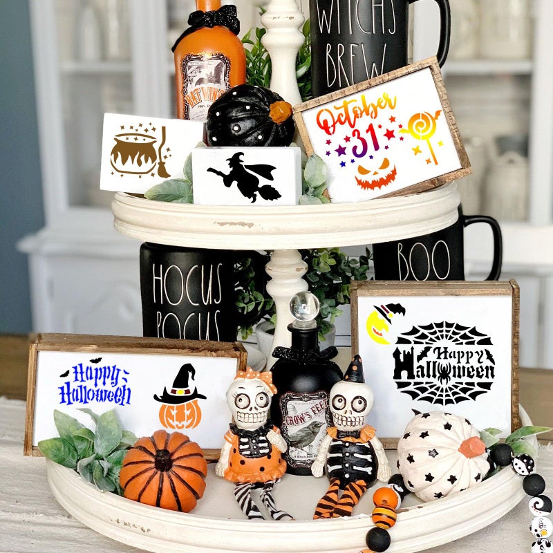 Augshy Halloween Stencils  56 Pack Pumpkin Painting Stencils Ornament Stencils Plastic for Painting on Wood Ornaments Wood Slice DIY Crafts Fabrics Window Halloween Decoration (3 Inch) - Image 5